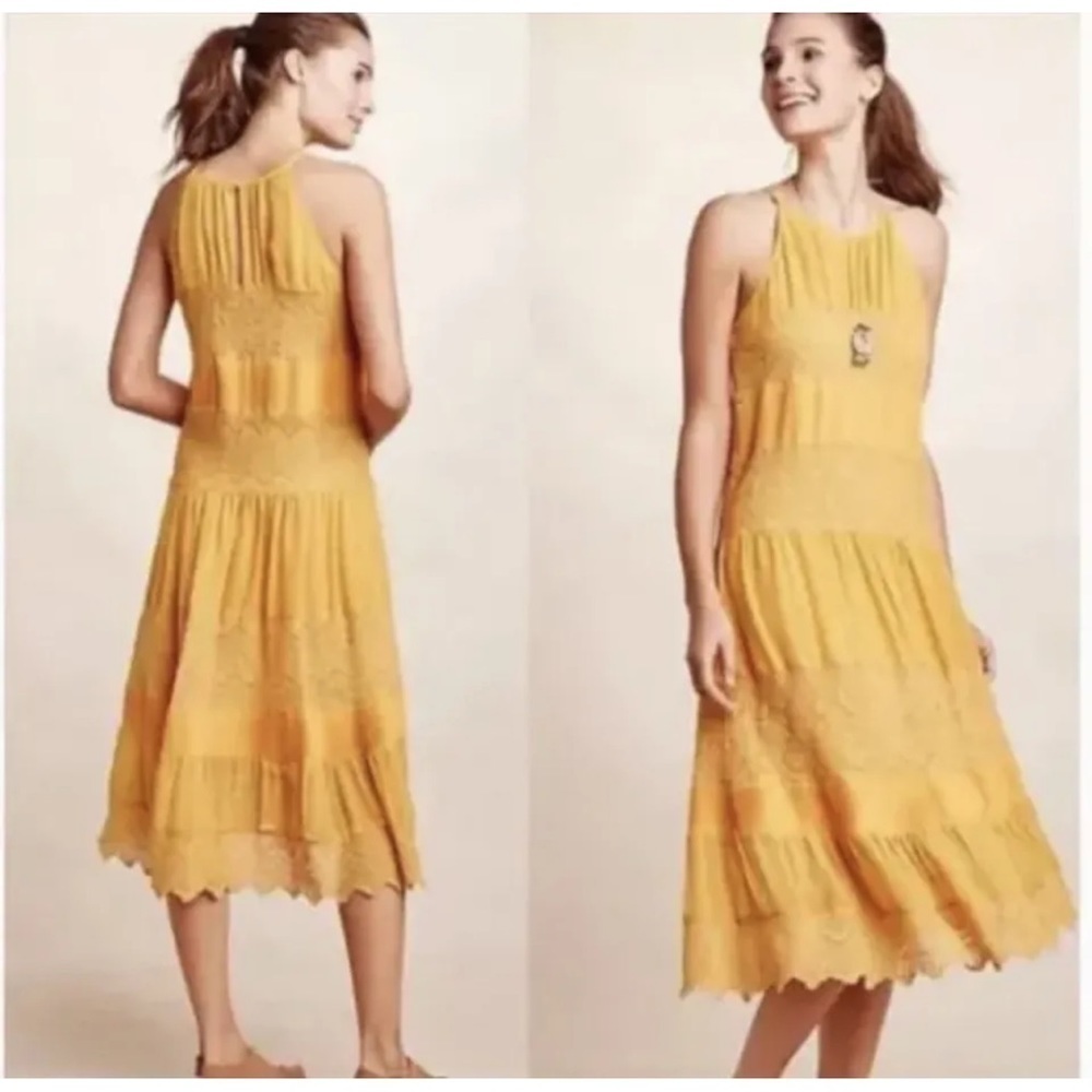 Anthropologie HD in Paris Yellow Tiered Midi Dress - size XS